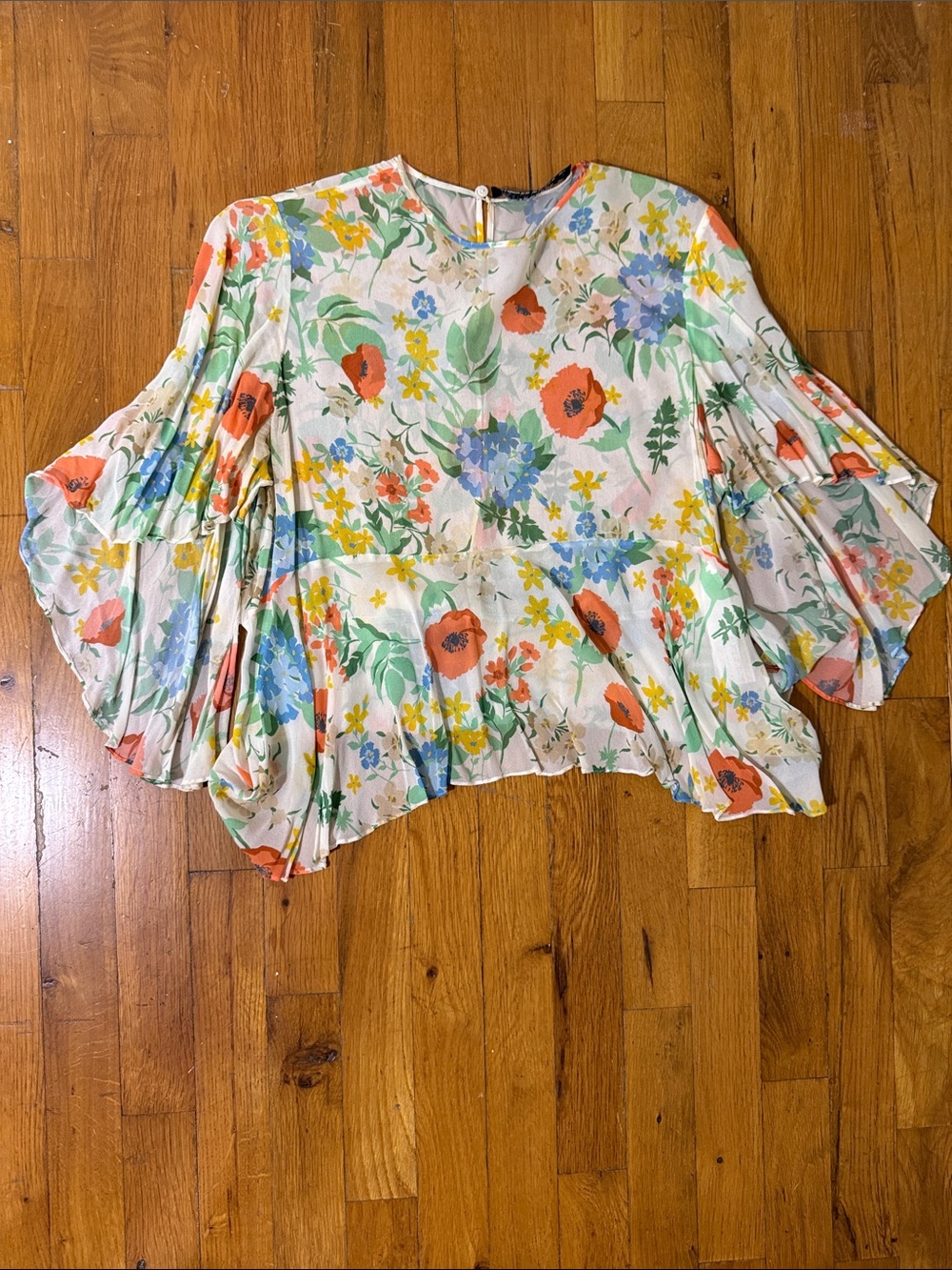 Floral Pleated Flutter-Sleeve Blouse - Multicolor